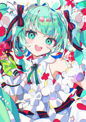 1girl :d aramedraw bare_shoulders black_ribbon blush commentary_request dress gloves green_eyes green_gloves green_hair hair_ribbon hand_up hatsune_miku hatsune_miku_japan_tour_2025_~blooming~ highres long_hair looking_at_viewer open_mouth ribbon signature sleeveless sleeveless_dress smile solo striped_ribbon twintails upper_body vocaloid white_dress