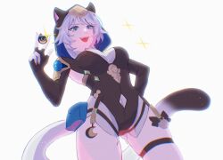 1girl animal_ears animal_hood black_gloves black_leotard blue_eyes breasts cat_ears cat_girl cat_hood cat_tail chromatic_aberration cipher_(honkai:_star_rail) fingerless_gloves gloves grey_hair hashtag-only_commentary highres honkai:_star_rail honkai_(series) hood hooded_leotard large_breasts leotard open_mouth overexposure rinsmeray short_hair simple_background solo tail thighs white_background