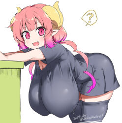 1girl ? akazawa_red black_dress black_thighhighs breasts covered_erect_nipples dragon_girl dragon_horns dress fang gradient_hair hanging_breasts highres horns huge_breasts ilulu_(maidragon) kobayashi-san_chi_no_maidragon long_hair looking_at_viewer low_twintails multicolored_hair oppai_loli pink_hair pointy_ears red_eyes red_hair simple_background slit_pupils smile solo spoken_question_mark thighhighs twintails white_background