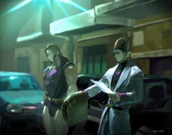 Rule 34 | 2boys, bare shoulders, belt, black jacket, brown hair, car, closed mouth, coat, collared shirt, earrings, highres, holding, holding paper, jacket, jewelry, jojo no kimyou na bouken, leotard, long hair, motor vehicle, multiple boys, muscular, muscular male, night, outdoors, paper, purple eyes, purple hair, purple leotard, purple shirt, shirt, sleeveless, sleeveless jacket, stardust crusaders, terence t. d&#039;arby, vanilla ice, white coat, zouhyou (at4190)