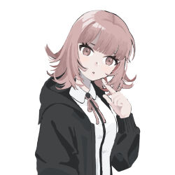 1girl :o brown_hair collared_shirt danganronpa_(series) danganronpa_2:_goodbye_despair flipped_hair hand_up hida_mari_kaoru hood jacket looking_at_viewer medium_hair nanami_chiaki neck_ribbon no_hair_ornament open_clothes open_jacket pink_eyes pink_ribbon ribbon shirt simple_background solo two-tone_shirt upper_body white_background white_shirt