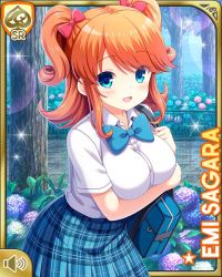1girl :d bag blue_bow blue_eyes blue_skirt bow card_(medium) character_name day girlfriend_(kari) hair_behind_ear hair_ribbon looking_at_viewer official_art open_mouth orange_hair outdoors park plaid_clothes plaid_skirt qp:flapper red_bow ribbon sagara_emi school_uniform shirt shoes skirt smile standing tagme thighhighs two_side_up white_shirt