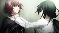 2girls against_wall ahoge angry asphyxiation black_dress black_hair bow breasts buttons chaos;child chest_bow choke_hold clenched_teeth cropped_jacket double-breasted dress drooling fang fighting game_cg hair_between_eyes hekiho_academy hekiho_academy_uniform highres jacket kunosato_mio lab_coat long_hair long_sleeves medium_breasts multiple_girls non-web_source official_art onoe_serika open_mouth pink_eyes pink_hair ponytail purple_eyes sailor_collar saliva sasaki_mutsumi school_uniform short_hair short_hair_with_long_locks sidelocks strangling stray_hair teeth v-shaped_eyebrows white_sailor_collar