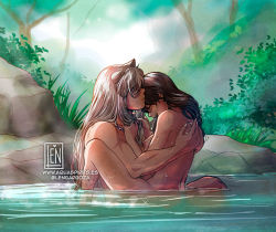1boy 1girl black_hair breasts collarbone completely_nude couple day forest girl_on_top hetero higurashi_kagome inuyasha inuyasha_(character) jewelry lennys lens_flare long_hair medium_breasts mixed-sex_bathing nature necklace nipples nude outdoors partially_submerged river sex shared_bathing sitting sparkle straight_hair very_long_hair watermark web_address white_hair