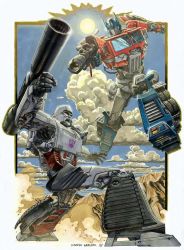arm_cannon autobot clenched_hand cloud commentary decepticon dustin_weaver english_commentary fighting gun holding holding_gun holding_weapon mecha megatron mountain no_humans open_mouth optimus_prime red_eyes robot science_fiction sun third-party_source transformers weapon wheel