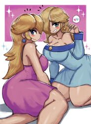 2girls absurdres blonde_hair blue_eyes blue_nails blush breasts cleavage collarbone dress earrings eyeshadow grin hair_over_one_eye heart highres jewelry large_breasts long_hair long_sleeves looking_at_viewer makeup mario_(series) multiple_girls nintendo off-shoulder_dress off_shoulder pink_dress princess_peach rosalina sitting sleeveless sleeveless_dress smile sparkle speech_bubble spoken_heart star_(symbol) star_earrings super_mario_galaxy teeth thick_thighs thighs tony_welt white_background wide_hips