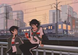 Rule 34 | 1boy, 1girl, against railing, black hair, black jacket, black pants, building, can, cityscape, closed mouth, cowboy shot, earbuds, earphones, expressionless, feet out of frame, highres, holding, holding can, jacket, jacket around neck, lan (ngtblan), looking to the side, medium hair, on railing, orange sky, original, pants, power lines, railing, shared earphones, shirt, short hair, sitting, sky, skyscraper, sunset, train, transmission tower, white shirt, wind