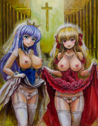 2girls blonde_hair blue_eyes blue_hair blush breastless_clothes breasts clothes_lift crotchless crotchless_panties crown dress dress_lift feena_fam_earthlight female_focus fortune_arterial garter_belt garter_straps highres lifting_own_clothes long_hair looking_at_viewer medium_breasts multiple_girls nipple_piercing nipples open_mouth panties piercing pubic_hair pussy red_eyes sendou_erika smile standing thighhighs uncensored underwear white_thighhighs yoake_mae_yori_ruri_iro_na