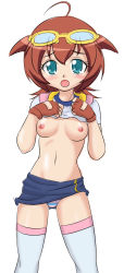 00s 1girl amano_madoka beyblade blush breasts clothes_lift female_focus fingerless_gloves gloves highres metal_fight_beyblade nipples panties short_hair skirt skirt_lift solo takappe thighhighs underwear