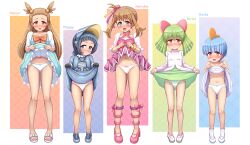 5girls alternate_color asutorii blue_dress blue_eyes blue_hair blue_shoes blush bow bow_panties breasts brown_eyes clothes_lift dress dress_lift flip-flops full_body gen_3_pokemon green_hair green_panties green_skirt highres humanization jasmine_(pokemon) kirlia loli long_hair may_(pokemon) multiple_girls nintendo nipples panties pink_dress pink_shoes pokemon pokemon_hgss pokemon_sv poppy_(pokemon) ralts red_eyes sandals shiny_pokemon shirt shoes skirt small_breasts smile spaghetti_strap standing two_side_up underwear white_dress white_panties white_sandals white_shirt
