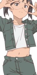 1girl amasawa_yuuko aonori_misuji black_eyes black_hair closed_mouth dennou_coil glasses jacket looking_at_viewer midriff navel short_hair simple_background skirt solo twintails white_background