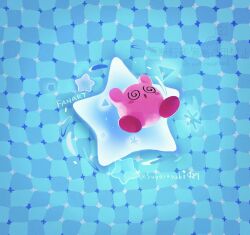 :o @_@ blue_background blush_stickers full_body kirby kirby_(series) nintendo no_humans open_mouth optical_illusion primrose_field_illusion solo star_(symbol) suyasuyabi twitter_username water