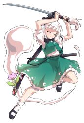 1girl arms_up black_bow black_bowtie black_shoes blunt_bangs bow bowtie closed_eyes closed_mouth collared_shirt commentary_request dairi frilled_skirt frills full_body green_skirt green_vest holding holding_sword holding_weapon katana konpaku_youmu konpaku_youmu_(ghost) large_variant_set mary_janes shirt shoes short_hair short_sleeves skirt skirt_set socks solo standing standing_on_one_leg sword tachi-e touhou variant_set vest weapon white_hair white_shirt white_socks