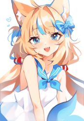 1girl :d ahoge animal_ear_fluff animal_ears bare_arms blonde_hair blue_eyes blue_hair blue_neckerchief blue_ribbon blue_sailor_collar cat_ears commentary dress fins fish fish_girl fish_tail hair_ribbon heart highres indie_virtual_youtuber leaning_forward lifebuoy_hair_ornament light_blush long_hair looking_at_viewer low_twintails multicolored_hair neckerchief open_mouth ribbon riffamo sailor_collar sameko_saba shark_girl shark_tail sharp_teeth simple_background sleeveless sleeveless_dress smile solo streaked_hair tail teeth tongue twintails two-tone_hair two_side_up upper_teeth_only very_long_hair virtual_youtuber white_background white_dress