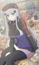Rule 34 | 1girl, absurdres, beret, between legs, black hat, black skirt, blue halo, blush, breasts, cross, facepaint, frown, german flag, girls&#039; frontline, green eyes, hair ornament, hairclip, halo, hand between legs, hat, highres, hk416 (girls&#039; frontline), iron cross, jacket, leaning forward, medium breasts, microskirt, pleated skirt, pout, sitting, skirt, solo, teardrop, thighhighs, thighs, uchikata takeaki, white hair
