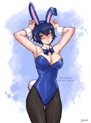 1girl armpits arms_up bare_shoulders blue_eyes blue_hair blush bow bowtie breasts cleavage female_focus fishnet_pantyhose fishnets gluteal_fold highres large_breasts leotard matching_hair/eyes moonllita pantyhose persona persona_4 rabbit_ears rabbit_tail shirogane_naoto short_hair simple_background solo thigh_gap wrist_cuffs