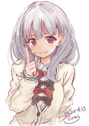 1girl blush bow bowtie brown_bow brown_bowtie brown_eyes cardigan closed_mouth grey_hair highres index_finger_raised long_sleeves looking_at_viewer make_heroine_ga_oo_sugiru! medium_hair red_bow red_bowtie school_uniform shiratama_riko simple_background solo toyosora tsuwabuki_high_school_uniform upper_body white_background white_cardigan winter_uniform