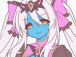 1girl aoi_masami blue_skin bow colored_skin facial_mark frills hair_bow hair_ornament harukaze_mai_(tsmg_nao!) long_hair looking_at_viewer shrug_(clothing) simple_background slave_cherry smile ts_magical_girl_nao twintails white_background white_hair yellow_eyes