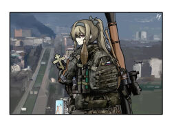 1girl backpack bag blonde_hair blue_hairband blue_ribbon border chechen_war city cityscape cross girls&#039;_frontline grozny_(city) hairband is-8_shi_zhong_zhan_che looking_at_viewer looking_back military_combat_uniform military_uniform orthodox_cross red_eyes ribbon ribbon_of_saint_george rocket_launcher rpg_(weapon) russian_flag russian_ground_forces solo sv-98_(girls&#039;_frontline) weapon white_border