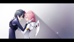 10s 1boy 1girl :d armlet black_bodysuit black_hair blood blood_on_face blush bodysuit broken_horn closed_eyes crying darling_in_the_franxx facing_another forehead-to-forehead from_side gradient_background grey_background hand_on_another&#039;s_cheek hand_on_another&#039;s_face happy_tears heads_together highres hiro_(darling_in_the_franxx) horns jewelry letterboxed light_particles long_hair mecha_pilot_suit open_mouth parasite_suit_(darling_in_the_franxx) parted_lips pink_hair profile shiny_clothes smile spoilers tears the_cold upper_body white_bodysuit zero_two_(darling_in_the_franxx)
