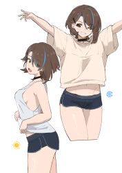 1girl absurdres alice_gunlock arms_up black_choker black_shorts blue_hair blue_shirt blush breasts brown_eyes brown_hair choker clothes_lift cowboy_shot cropped_legs dolphin_shorts eyes_visible_through_hair fav_faris from_side grey_sweater grin hair_ornament hairclip highres lifting_own_clothes looking_back looking_to_the_side medium_breasts medium_hair midriff midriff_peek multicolored_hair multiple_views navel one_eye_closed open_mouth original shirt shirt_lift short_shorts shorts sideboob smile snowflake_symbol streaked_hair sun_symbol sweater thighs