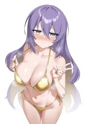 1girl absurdres bikini blonde_hair blush breasts cleavage closed_mouth collarbone colored_inner_hair gold_bikini gradient_eyes hair_between_eyes highres hololive hololive_indonesia large_breasts long_hair looking_at_viewer moona_hoshinova multicolored_eyes multicolored_hair purple_hair raikkonen revision simple_background smile solo swimsuit v very_long_hair virtual_youtuber white_background yellow_eyes