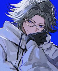 1boy aotsuki_eito black_gloves blue_background blue_eyes closed_mouth commentary_request curtained_hair drawstring eyelashes film_grain glasses gloves grey_hair hand_on_own_cheek hand_on_own_face highres jacket long_sleeves male_focus parted_bangs semi-rimless_eyewear short_hair smile solo thai_commentary the_hundred_line_-last_defense_academy- upper_body white_jacket yfmaichobmkr