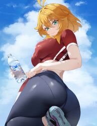 ass blonde_hair bottle breasts dokibird_(vtuber) fang green_eyes highres idolmia indie_virtual_youtuber large_breasts looking_back pants tight_clothes virtual_youtuber water_bottle yoga_pants