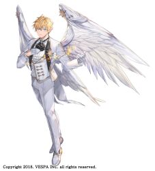 Rule 34 | 1boy, angel wings, arch (king&#039;s raid), ascot, black ascot, blonde hair, blue eyes, commentary, feathered wings, formal clothes, full body, gloves, gold trim, groom, half gloves, hand on own chest, highres, hwansang jungdog, jacket, king&#039;s raid, light frown, official alternate costume, official art, pants, pointy ears, shirt, shoes, short hair, simple background, solo, sparkle, suit, tailcoat, vest, wedding suit, white background, white gloves, white jacket, white pants, white shirt, white shoes, white suit, white vest, white wings, wings