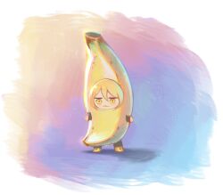 1girl :3 banana banana_costume black_jacket black_pants blonde_hair chibi chibi_only don_quixote_(project_moon) food formal_clothes fruit highres jacket limbus_company pants phl293bbutpm project_moon shoes short_hair smug suit white_background yellow_eyes yellow_shoes