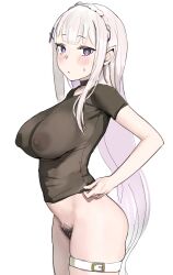 Rule 34 | 1girl, absurdres, adjusting clothes, black choker, black shirt, blush, braid, breasts, choker, cinn angl, closed mouth, covered erect nipples, cowboy shot, crown braid, elf, emilia (re:zero), excessive pubic hair, female pubic hair, hair ornament, highres, large breasts, long hair, looking at viewer, nipples, pointy ears, pubic hair, purple eyes, re:zero kara hajimeru isekai seikatsu, see-through clothes, see-through shirt, shirt, simple background, solo, sweatdrop, thigh strap, very long hair, white background, x hair ornament