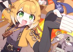 1girl :3 animal_ear_fluff animal_ears black_gloves blonde_hair collared_shirt cropped_jacket elbow_gloves fang gloves green_eyes grey_shirt jacket ju_fufu kitsunetsuki_itsuki long_hair open_mouth shirt short_sleeves solo tiger_ears tiger_girl v-shaped_eyebrows white_jacket zenless_zone_zero