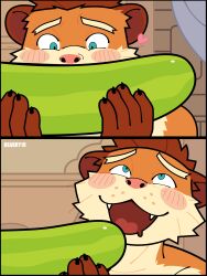 absurdres animal_ears artist_name bearry19 blush choi_yuhee_(xxl) claws commentary cucumber derivative_work drooling english_commentary fangs furry furry_male heart highres looking_at_food looking_up male_focus mouth_drool open_mouth topless_male weasel_boy weasel_ears whiskers xxl_woofia