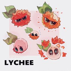 Rule 34 | artist name, black eyes, border, bright pupils, character name, chinese commentary, commentary request, film grain, flying sweatdrops, food, food focus, grey border, halftone, highres, hightguy, leaf, looking at viewer, lychee, lychee (plants vs. zombies), multiple views, no humans, no mouth, outside border, pink background, plants vs. zombies, plants vs. zombies 3, raised inner eyebrows, shell, simple background
