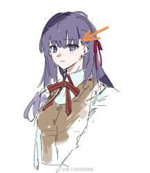 Rule 34 | 1girl, arrow (symbol), artist name, asymmetrical bangs, brown vest, buttons, closed mouth, collared shirt, commentary, cropped torso, dress shirt, english commentary, expressionless, fate/stay night, fate (series), hair behind ear, hair ribbon, highres, homurabara academy school uniform, long hair, long sleeves, looking at viewer, matou sakura, neck ribbon, paopp9961, purple eyes, purple hair, red ribbon, ribbon, school uniform, shirt, simple background, sketch, solo, straight hair, vest, watermark, weibo watermark, white background, white shirt, wing collar