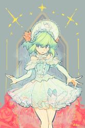 1boy absurdres artist_name bare_shoulders bow collar commentary cowboy_shot crossdressing dress english_commentary flower frilled_dress frills gradient_eyes green_bow green_collar green_dress green_hair green_hairband green_sleeves grey_background hair_flower hair_ornament hairband highres lio_fotia liowig lolita_fashion looking_to_the_side male_focus multicolored_eyes orange_eyes orange_flower parted_lips promare purple_eyes see-through_clothes see-through_veil short_hair solo sparkle trap veil