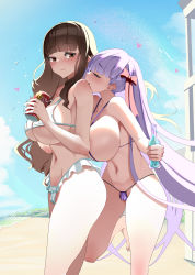 2girls alternate_breast_size areola_slip bb_(fate) bb_(fate/extra) bikini blue_sky blunt_bangs blush breasts brown_eyes brown_hair cameltoe closed_eyes fate/extra fate/extra_ccc fate_(series) hair_ribbon highres kishinami_hakuno_(female) large_breasts long_hair monobe_yuri multiple_girls navel purple_bikini purple_hair red_ribbon ribbon sky smile swimsuit very_long_hair white_bikini yuri