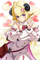 1girl ahoge animal_ears bag blonde_hair blush bow bow-shaped_hair bowtie braid breasts brooch buttons cape closed_mouth detached_sleeves dress fur-trimmed_dress fur-trimmed_sleeves fur_trim hair_ornament hairclip half_up_braid handbag highres hololive horns jewelry large_breasts long_hair looking_at_viewer pink_cape purple_eyes pwgp6_tomato red_bow red_bowtie sheep_ears sheep_girl sheep_horns sleeveless sleeveless_dress smile solo tsunomaki_watame tsunomaki_watame_(1st_costume) underbust very_long_hair virtual_youtuber white_dress