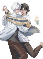 2boys ;d absurdres black_hair black_pants black_shirt blue_jacket blush brown_pants brown_shoes cheng_xiaoshi closed_mouth collared_shirt dancing fang flower hair_between_eyes happy highres holding_hands hug interlocked_fingers jacket jacket_partially_removed justjust_monika leg_up long_sleeves looking_at_another lu_guang male_focus multicolored_jacket multiple_boys off_shoulder one_eye_closed open_clothes open_jacket open_mouth pants ponytail shiguang_dailiren shirt shoes short_hair short_ponytail simple_background smile standing standing_on_one_leg tears watch white_background white_flower white_hair white_shirt wristwatch yaoi yellow_jacket