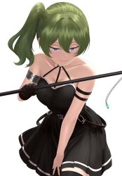 Rule 34 | 1girl, armlet, armpit crease, bare shoulders, black dress, black thighhighs, blush, breasts, cleavage, closed mouth, collarbone, commentary, cow, cowboy shot, double-parted bangs, dress, english commentary, eyelashes, green hair, hair between eyes, hand on own thigh, highres, holding, holding staff, jewelry, leaning forward, long hair, looking at viewer, medium breasts, mikan zakuro, pleated dress, purple eyes, side ponytail, simple background, smile, solo, sousou no frieren, staff, thighhighs, ubel (sousou no frieren), weapon, white background, zettai ryouiki