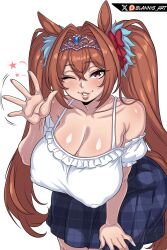 1girl animal_ears artist_name bare_shoulders blannis blue_skirt bra bra_strap breasts brown_hair collarbone covered_erect_nipples cowboy_shot daiwa_scarlet_(umamusume) eyelashes female_focus fingernails frilled_shirt frills from_above hand_on_own_thigh hand_up horse_ears horse_girl huge_breasts leaning_forward lips long_fingernails long_hair looking_at_viewer looking_up naughty_face off-shoulder_shirt off_shoulder one_eye_closed parted_lips red_eyes shirt simple_background skirt solo standing teeth tiara twintails umamusume underwear white_background white_bra white_shirt