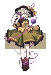 1girl black_hat boots bow brown_boots buttons commentary diamond_button eyeball frilled_shirt_collar frilled_skirt frilled_sleeves frills full_body green_eyes green_hair green_skirt hat hat_bow heart heart_of_string highres holding holding_phone komeiji_koishi long_sleeves looking_at_viewer open_mouth phone shirt skirt smile soda_(sodaa_811) solo third_eye touhou wide_sleeves yellow_bow yellow_shirt