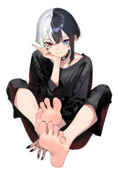 1girl barefoot black_choker black_hair black_nails black_pants black_shirt blue_eyes choker closed_mouth collarbone commentary double-parted_bangs english_commentary feet foot_focus full_body grey_hair hand_up heterochromia highres knees_apart_feet_together long_sleeves looking_at_viewer multicolored_hair nail_polish original pants randomscribblas red_eyes shirt simple_background sitting smile soles solo toenail_polish toenails toes two-tone_hair white_background