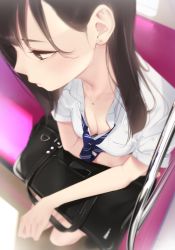 1girl ama_mitsuki bag blue_necktie blurry blush breasts brown_eyes brown_hair cleavage close-up closed_mouth collarbone collared_shirt depth_of_field diagonal-striped_clothes diagonal-striped_necktie diagonal-striped_neckwear downblouse earrings from_above hair_behind_ear jewelry long_hair looking_away loose_necktie medium_breasts necklace necktie no_bra original school_bag school_uniform seat shirt short_sleeves sitting solo striped_clothes striped_necktie striped_neckwear sweat train_interior unbuttoned white_shirt
