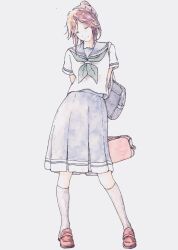 1girl absurdres arms_behind_back bag bbmasa blue_background blue_sailor_collar blue_serafuku blue_skirt brown_hair closed_eyes closed_mouth full_body gradient_background green_neckerchief hibike!_euphonium high_ponytail highres instrument_case kasaki_nozomi kitauji_high_school_uniform kneehighs liz_to_aoi_tori loafers medium_hair neckerchief pleated_skirt ponytail sailor_collar school_bag school_uniform serafuku shirt shoes short_sleeves skirt socks solo standing summer_uniform traditional_media white_shirt white_socks