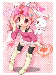 Rule 34 | 1girl, black thighhighs, blush, boots, bracelet, female focus, flat chest, hair ornament, heart, heart hair ornament, jewelpet (series), jewelpet kira deco!, jewelry, karaage3, knee boots, leaning forward, one eye closed, oomiya pink, open mouth, pink eyes, pink hair, polka dot, polka dot background, ruby (jewelpet), side ponytail, solo, thighhighs, v, wink