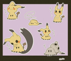 Rule 34 | animal focus, annoyed, black border, black eyes, blank eyes, border, ditto, full body, gen 7 pokemon, half-closed eye, half-closed eyes, japanese text, mimikyu, multiple views, nintendo, no humans, outside border, pink background, pokemon, pokemon (creature), rento, shiny and normal, shiny pokemon, simple background, solid oval eyes, speech bubble, transformed ditto, translation request, uneven eyes, unibrow, white border