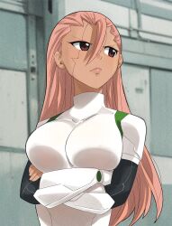 1girl bodysuit brown_eyes crossed_arms dark-skinned_female dark_skin eden&#039;s_zero gaston18 hair_between_eyes highres long_hair looking_to_the_side pink_hair solo upper_body valkyrie_yuna white_bodysuit