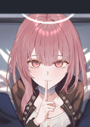 Rule 34 | 1girl, absurdres, arknights, breasts, cleavage, commentary request, detached wings, energy wings, finger to mouth, from above, halo, highres, jacket, lemuen (arknights), long hair, looking at viewer, looking up, open clothes, open jacket, pink eyes, pink hair, pov, shushing, smile, solo focus, suzubotan, under table, white halo, white wings, wings