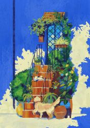 animal animal_focus cat day dog door eniddin flower foliage glass_door golden_retriever hanging_plant highres house lying no_humans original outdoors plant potted_plant railing scenery signature stairs table